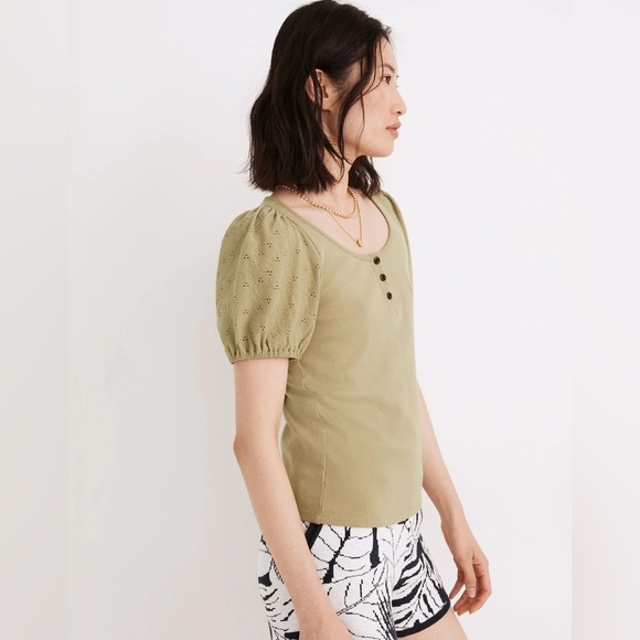 NWT Madewell Eyelet Sleeve Cotton Henley Top in Crème JCrew Popular officewear - Picture 6 of 16